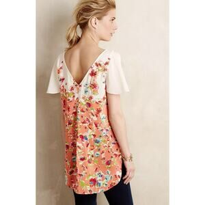 Maeve Anthropologie Ludovica Silk Tunic XS Low Beck Flutter Sleeve Top Orange